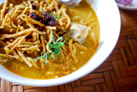 thai style spicy soup noodle with chicken , khao soy , Asia , Thailandの写真素材