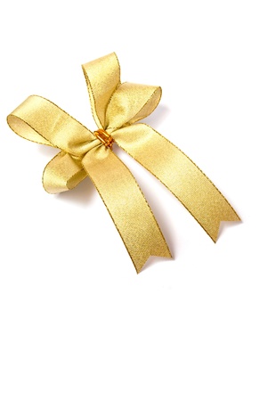 satin gold fabric ribbon bow isolated on white backgroundの写真素材