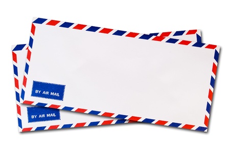 two classic air mail envelope isolated on white backgroundの写真素材