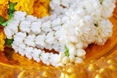 Jasmine garland on gold plate for the worship ceremonyの写真素材