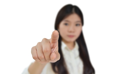 Business woman pointing to you isolated on white backgroundの写真素材