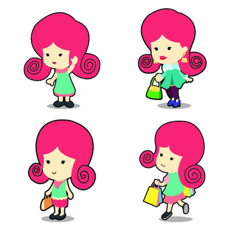 Happy cute girl in many poses cartoon vector illustrationのイラスト素材