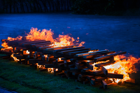 Camp fire burning wood on grass fieldの写真素材