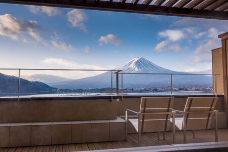 View of Mount Fuji from Japanese style hotel roomの写真素材