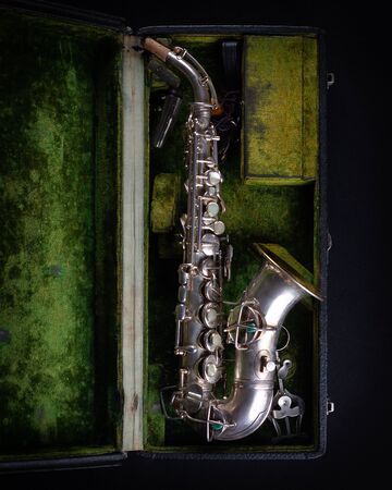Vintage 1929 Silver Conn Refurbished Soprano Sax with Sterling Silver-Wash Bell top viewの写真素材