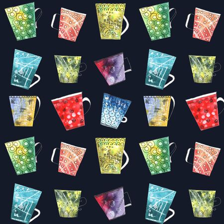 Hand drawn seamless pattern with colorful cups and mugs. Can be used for textiles, fabrics, wrapping paper.の写真素材