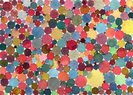 Abstract watercolor polka dots/circles multicolored pattern.の写真素材