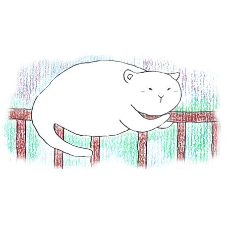 Fat funny white cat sleeping on the brown fence. Hand drawn illustration by color pencils and ink.の写真素材