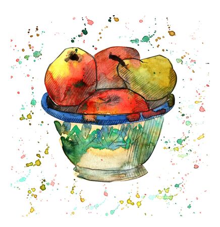 Watercolor illustration with apples and pear in bowlの写真素材