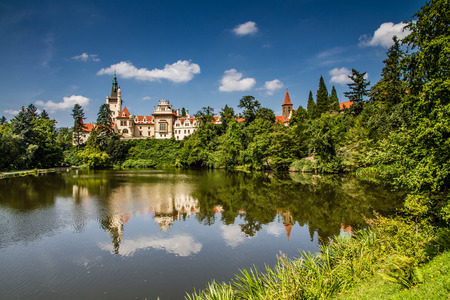 Castle with reflection in pond and blue sky - Pruhonice, Czech Republicのeditorial素材