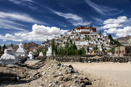 Thiksey Monastery in Clouds and Deep Blue Sky, Indiaの写真素材