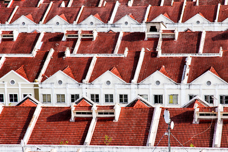 Close View on Red White Terraced Houses - Melaka, Malaysiaのeditorial素材