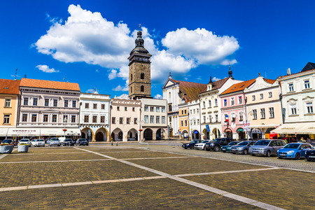 Beautiful view of main square in Ceske Budejovice with deep blue sky and clouds-Czech Republic, Europeのeditorial素材