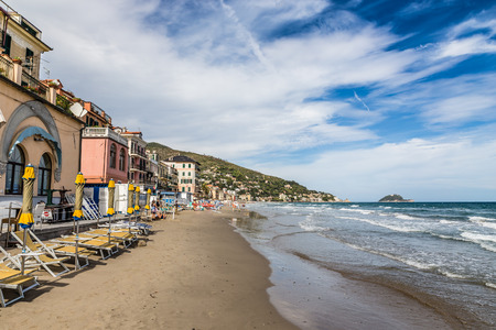 Beautiful View of Beach and Town of Alassio With Colorful Buildings During Summer Day-Alassio,Italy,Europeの写真素材