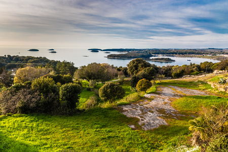 View On Green Coastline And Small Islands Near Vrsar - Vrsar, Istria, Croatia, Europeの写真素材