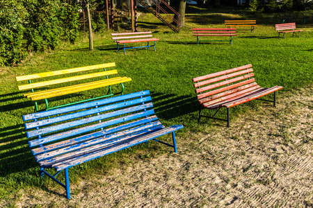 Colorful Benches During Sunset - Trebon, Czech Republic, Europeの写真素材