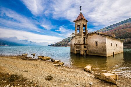 Flooded Old Saint Nicholas Church - Mavrovo, Mavrovo and Rostusa Municipality, North Macedonia, Europeの写真素材