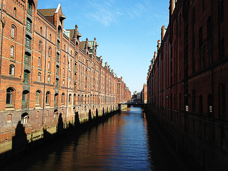 Hamburg city warehouse with red brick buildings, traveling.の写真素材