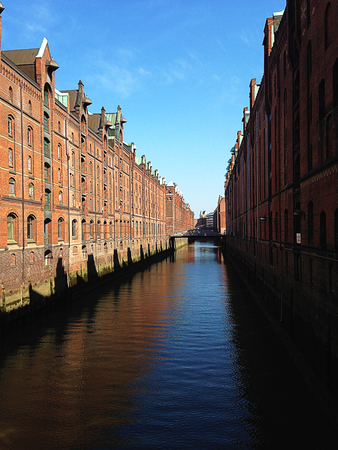 Hamburg city warehouse with red brick buildings, traveling.の写真素材