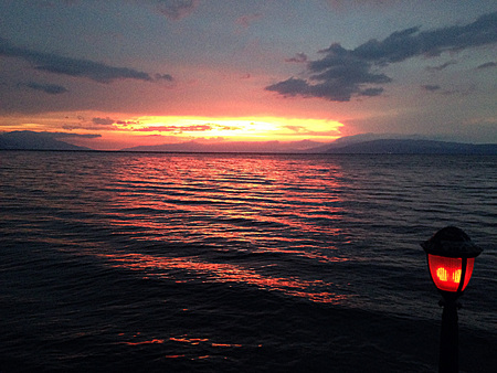 The beautiful romantic sunset view with red lightの写真素材