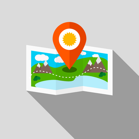 Ecotourism colorful vector illustration. GPS pins at travel map.のイラスト素材