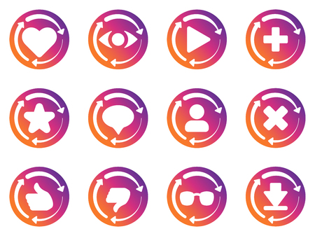 Set of rounded emblems with new rating achievements. Update arrows and user activity icons.のイラスト素材