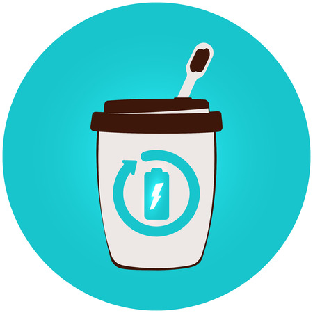Colorful energy drink business template.   Tea or milkshake cup. natural organic street fast food. Battery charging on the beverage cup logo with lightning glowing  .のイラスト素材