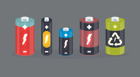 Set of vector battery cylinder elements with lightning, plus and minus signs. Isolated accumulators. charging icon.のイラスト素材