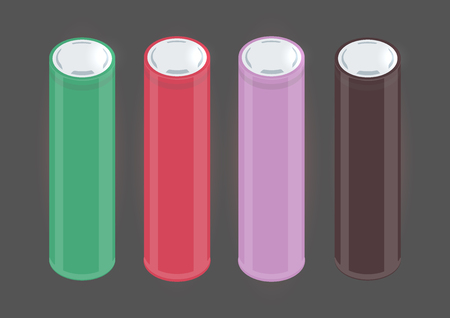 Popular 18650 accumulator form factor flat vector. Chocolate, red, green and purple colors of vape accumulators.のイラスト素材