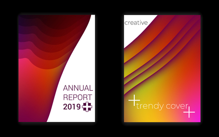 Modern gradient geometric pattern vector cover set. Trendy minimal wallpaper. Simple matted wavy shapes overlapping.のイラスト素材