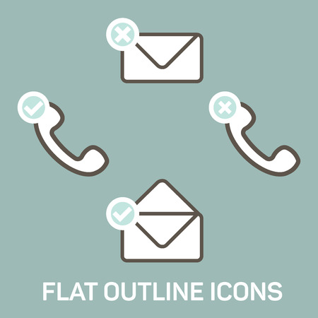 Vector flat icons. Outline envelope and phone handset. read now or later.  prohibition sign and  tick check mark. Missed and answered calls.のイラスト素材