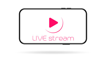 Live streaming  mobile video mockup. Minimal play button icon in smartphone realistic frame.のイラスト素材