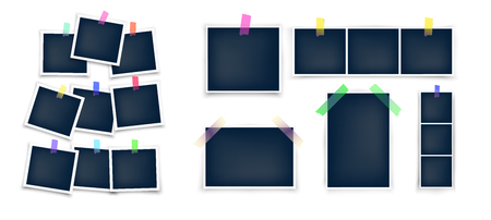 Different sizes photo frames mockup glued with color tape . Realistic empty templates.のイラスト素材