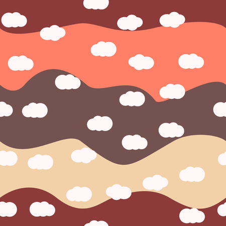 White clouds on bright colors background vector seamless pattern design. For kids room or textile. Orange, grey, burgundy, beige colorsのイラスト素材