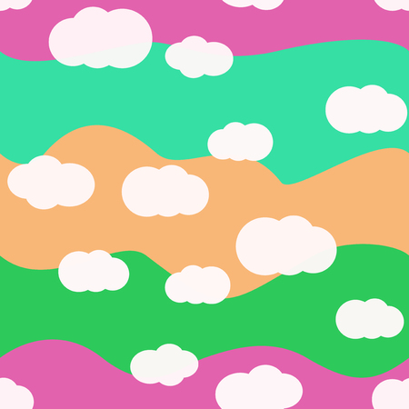 White clouds on bright colors background vector seamless pattern design. For kids room or textile. Rose, green colorsのイラスト素材