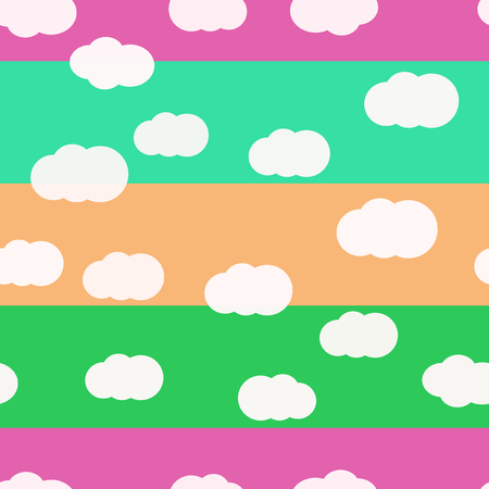 White clouds on bright colors background vector seamless pattern design. For kids room or textile. Rose, green colorsのイラスト素材