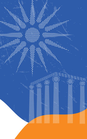 Old Greece mid century minimal art. Antique marble columns, old ruin of Greek city or Roman empire historical architecture. Moon and mountain. Vector backgroundのイラスト素材