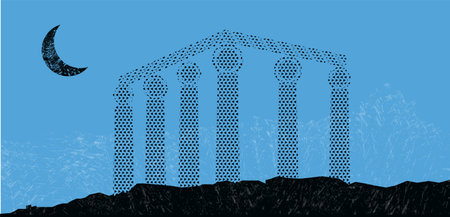 Old Greece mid century minimal art. Antique marble columns, old ruin of Greek city or Roman empire historical architecture. Moon and mountain. Vector backgroundの写真素材