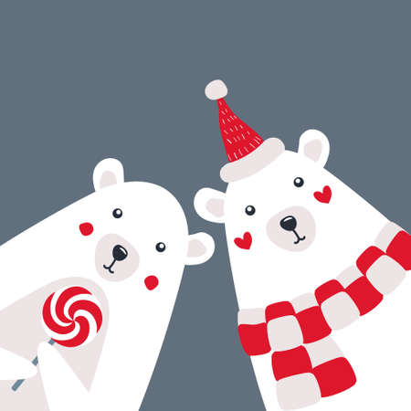 Two cute polar bears cartoon characters with scarf and hat. Vector animal flat illustration.のイラスト素材