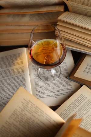 Glass of brandy standing on open booksの写真素材