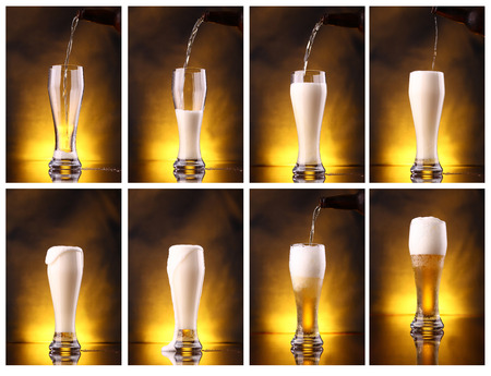 Shot series mosaic of light beer pouring into a tall glassの写真素材