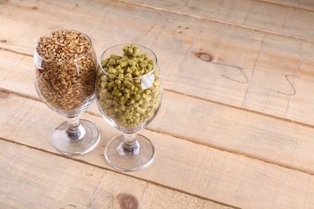 Glasses full of malt and hops over a wooden backgoundの写真素材