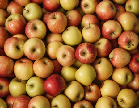 background of fresh red and yellow apples, top view, close upの素材
