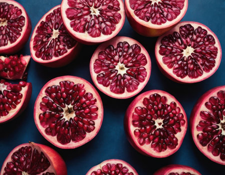 Ripe pomegranate fruit on blue background, top viewの素材
