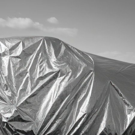 plastic wrap on the roof of the building in black and whiteの素材