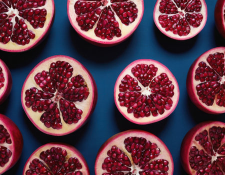 Ripe pomegranate fruit on blue background, top viewの素材