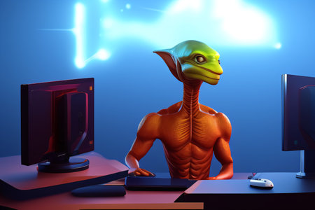 An extraterrestrial figure sits in front of a desktop computer, immersed in their work. A modern office setup, with a focus on technology and progress. Created with generative AIの素材