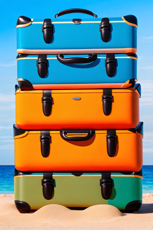 Luggage, sand, and sea, the perfect holiday scene. Vacation, packing, and travel concept created with generative AI.の素材