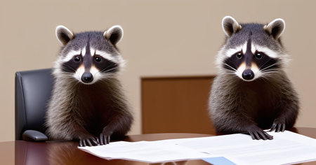 Racoons sitting around a table, discussing paperwork. Teamwork, collaboration, productivity concept created with generative AI.の素材