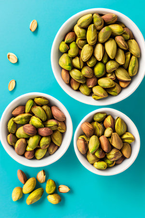 Colorful pistachio nuts in bowl. Color, snack, texture concept created with generative AI.の素材